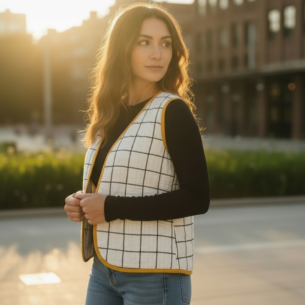 Handmade Boho Quilted Open Front Cropped Vest in White/Black Window Pane Print